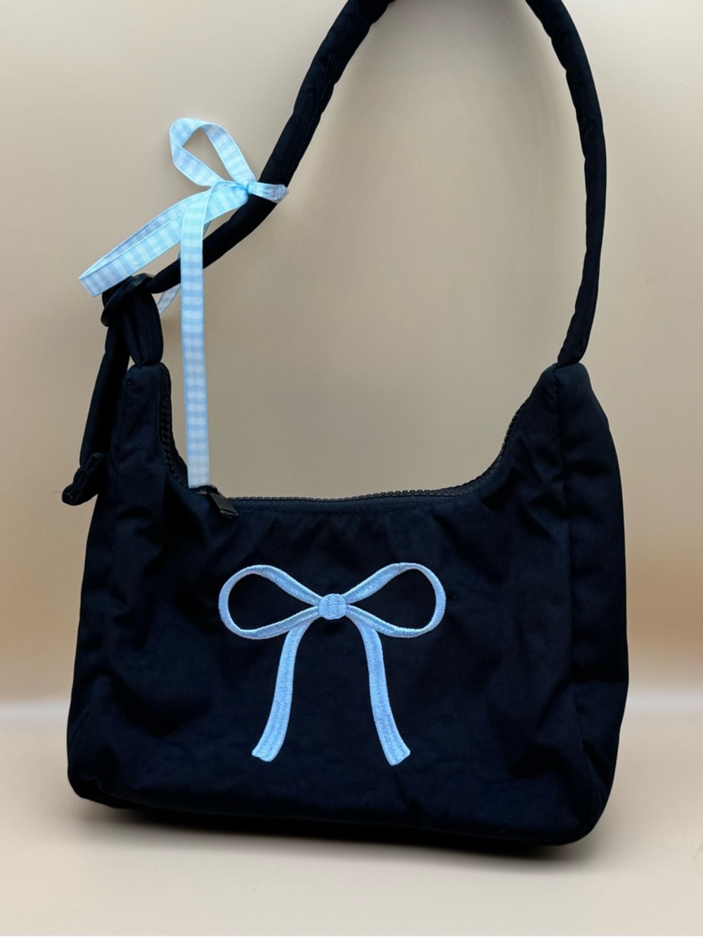 Baggu Black Shoulder Bag with Light Blue Bow Accent